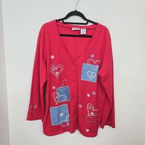 Vintage Blair Red Blue Patchwork Heart Paw Print Embroidered Cardigan Size Large